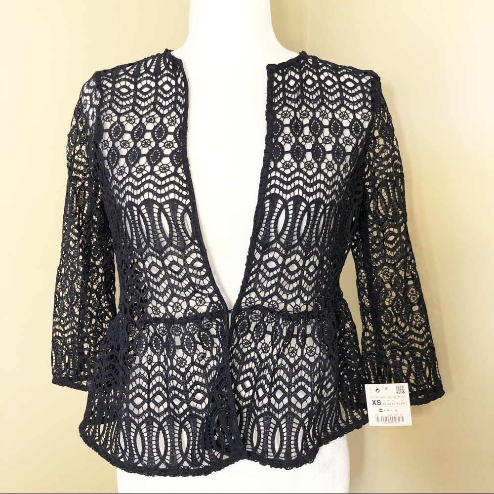 Zara Lace Sheer Navy Peplum Top NEW  - XS
